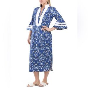 SAIL TO SABLE Bell Sleeve Caftan Midi Dress Cotton Ikat Navy Blue White XS NWT